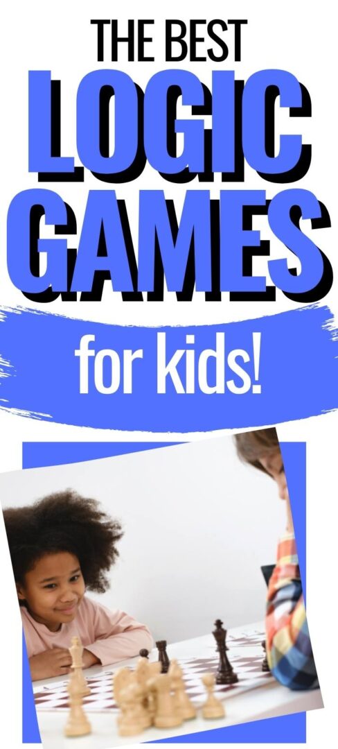 Kids playing a game of chess on an image that says the best logic games for kids.