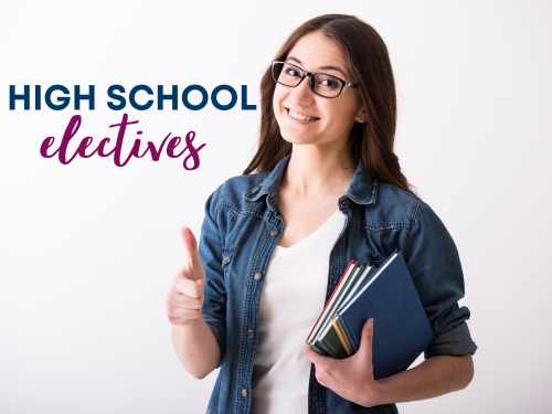 Smiling student on a background that says high school electives.